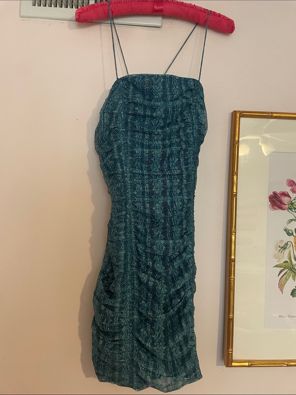 The Korner size Small teal blue pattern ruched mini dress with criss cross back